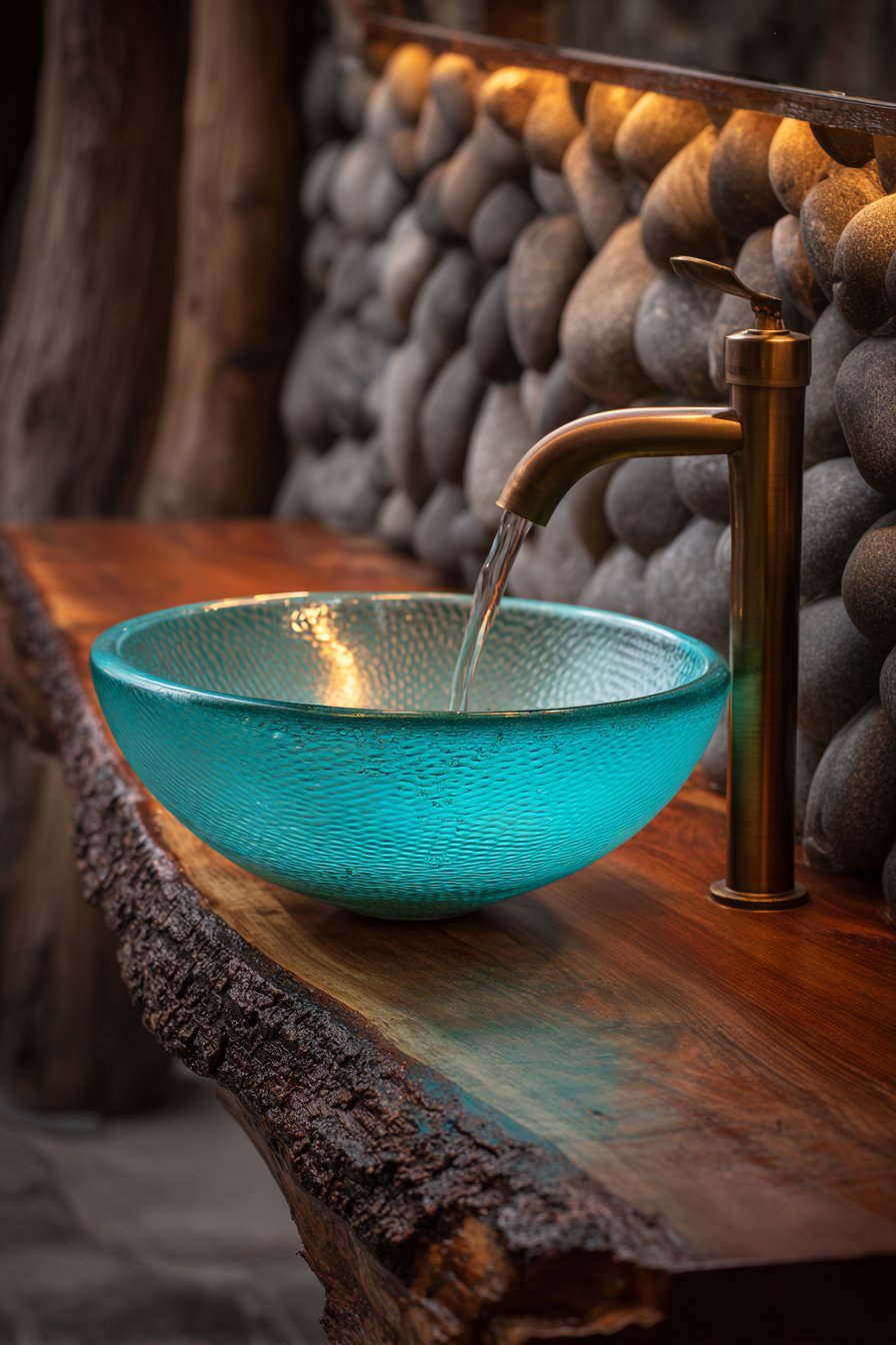 Glass Vessel Sink with Natural Live-Edge Vanity