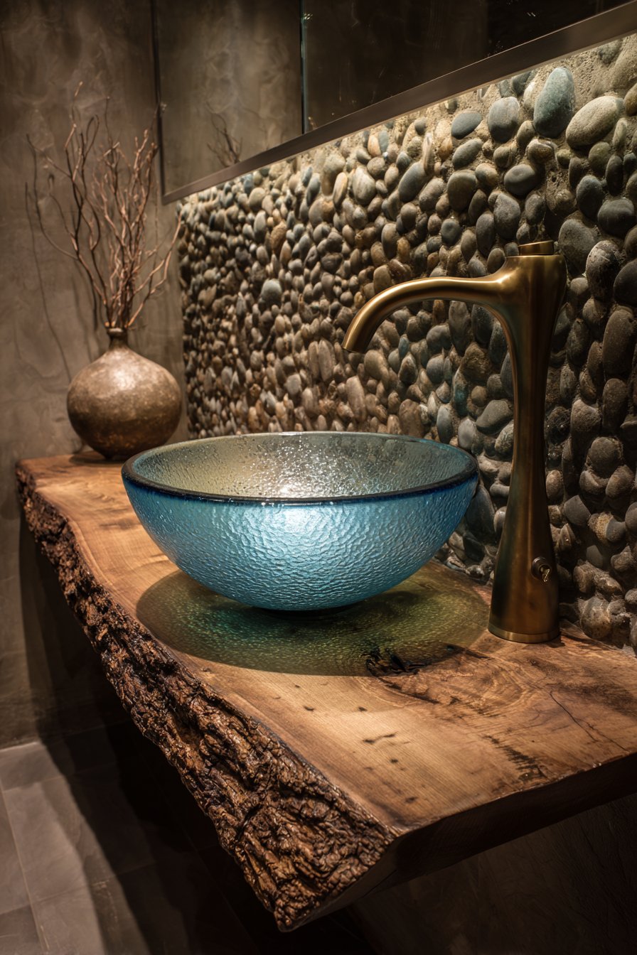 Glass Vessel Sink with Natural Live-Edge Vanity