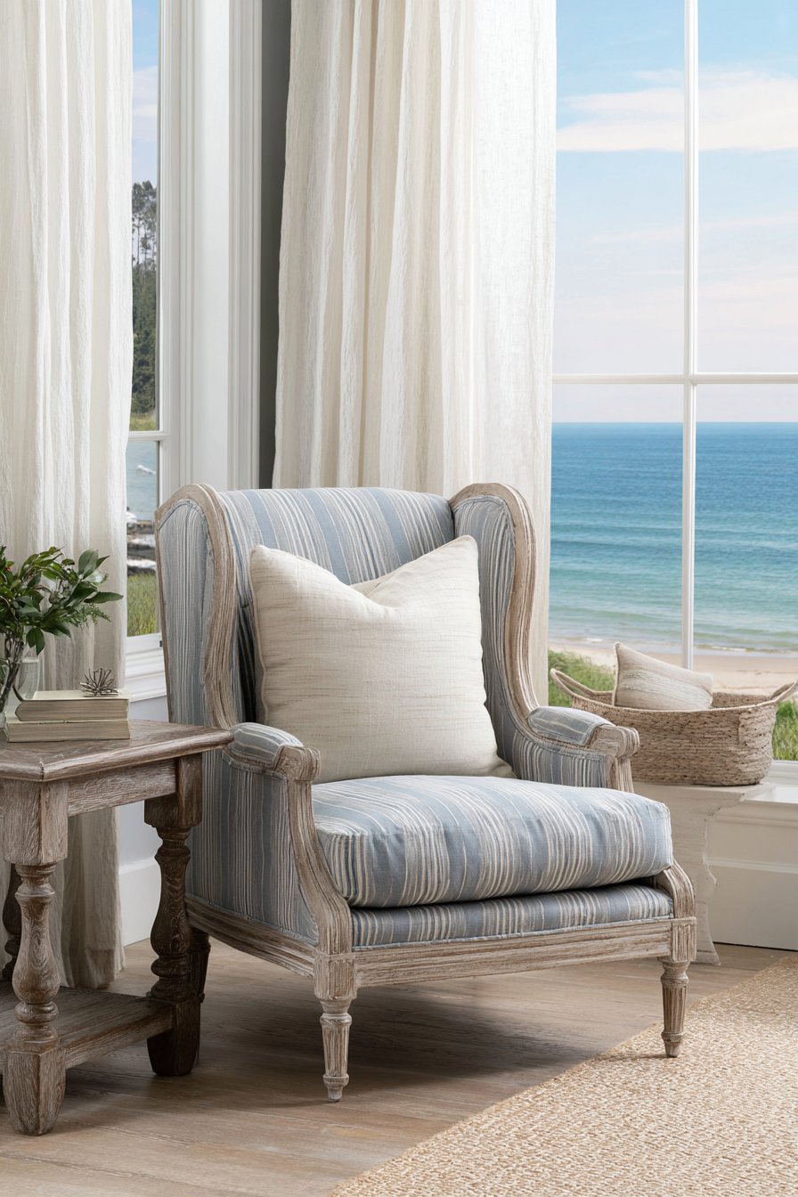 Traditional Blue Striped Bergère Chair