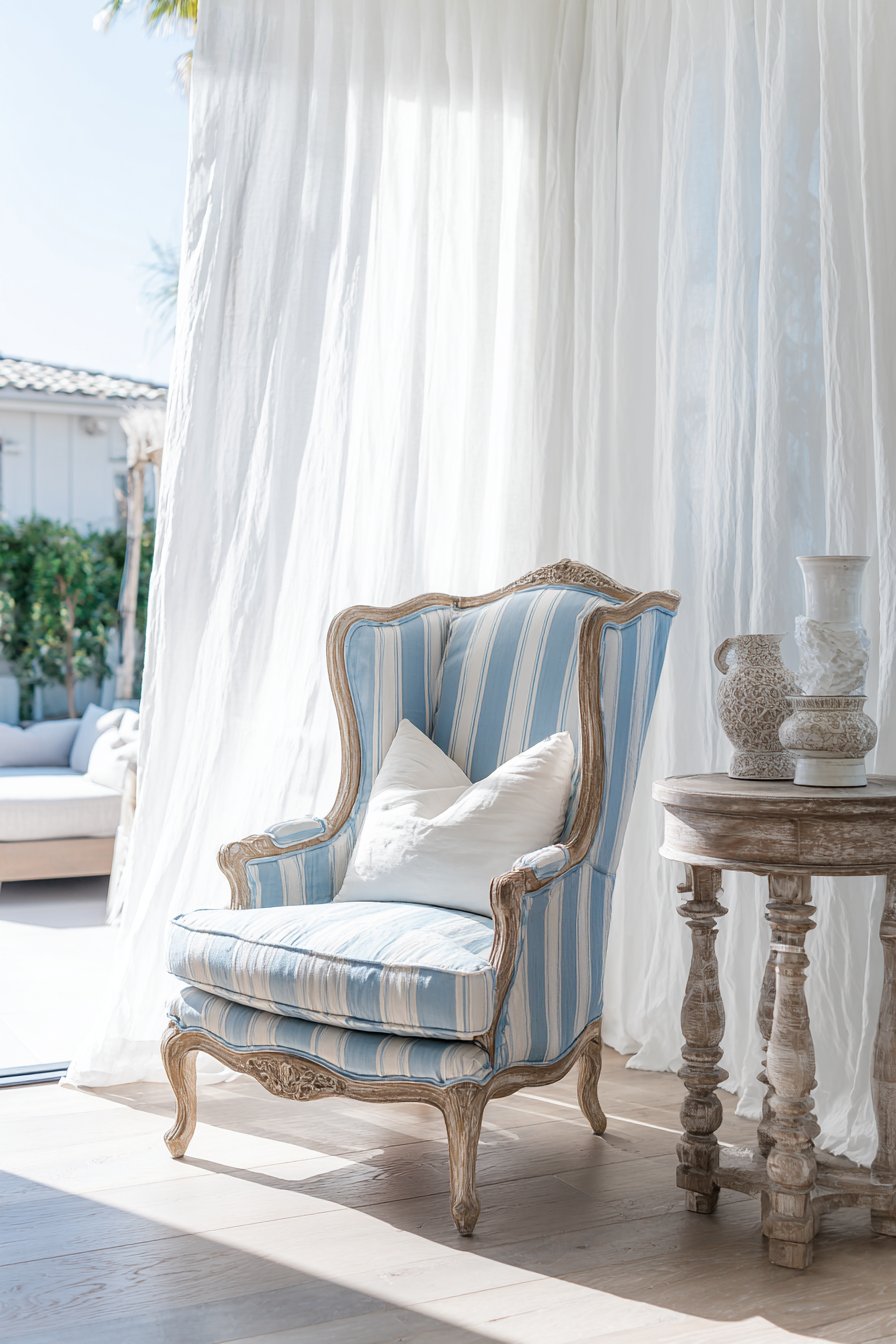 Traditional Blue Striped Bergère Chair