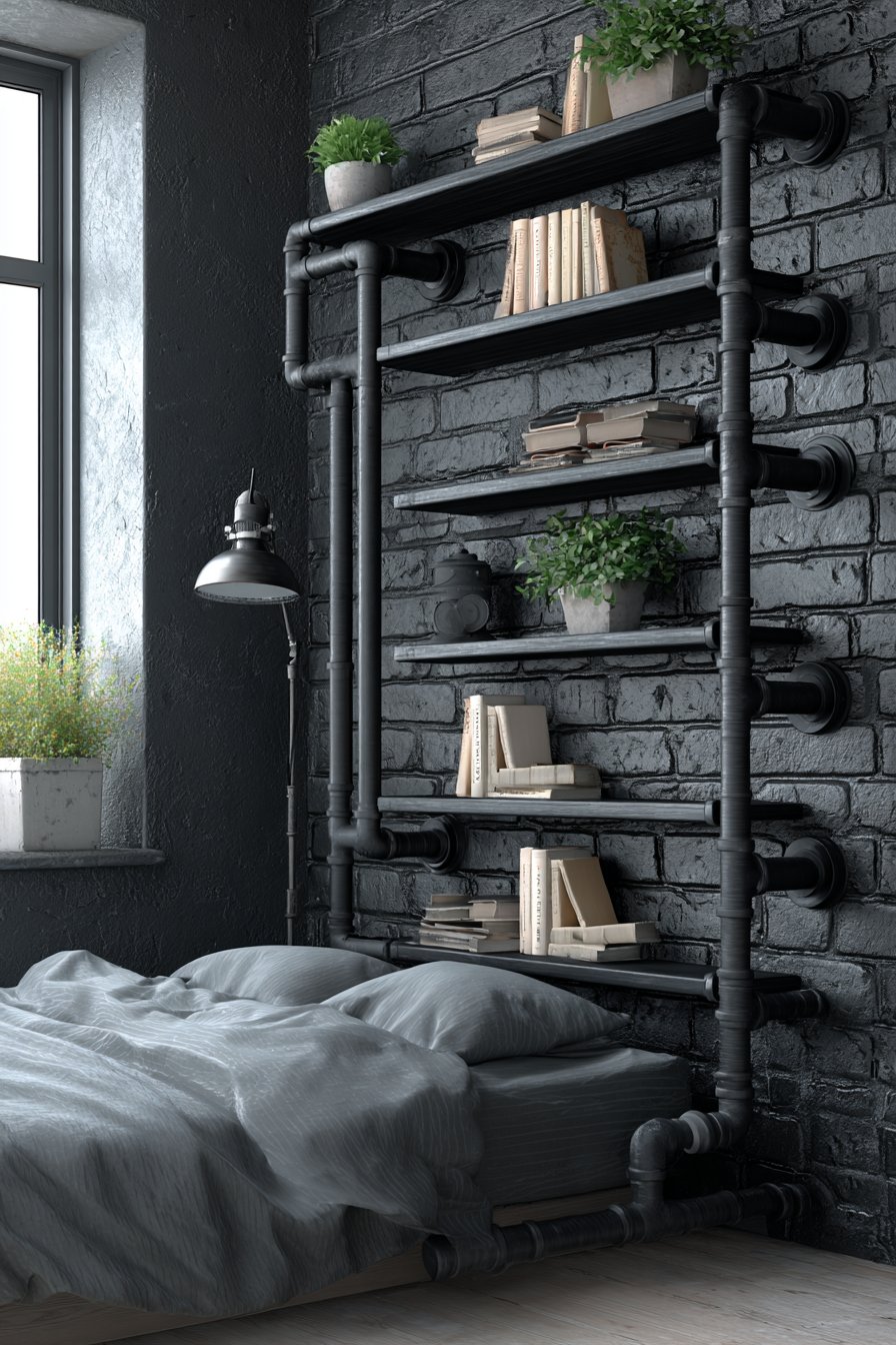  Industrial Black Metal Pipe Shelving as Headboard