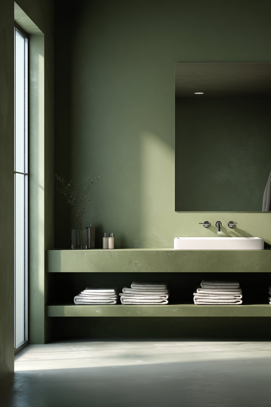 Minimalist Olive Green Micro-Cement Sanctuary