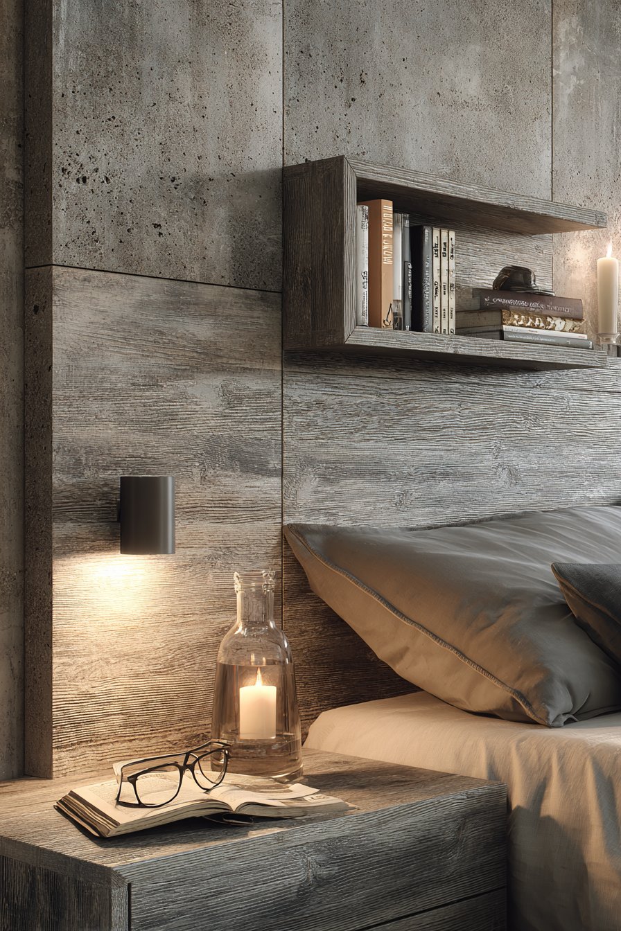 Transitional Comfort with Grey-Washed Oak Floating Shelves