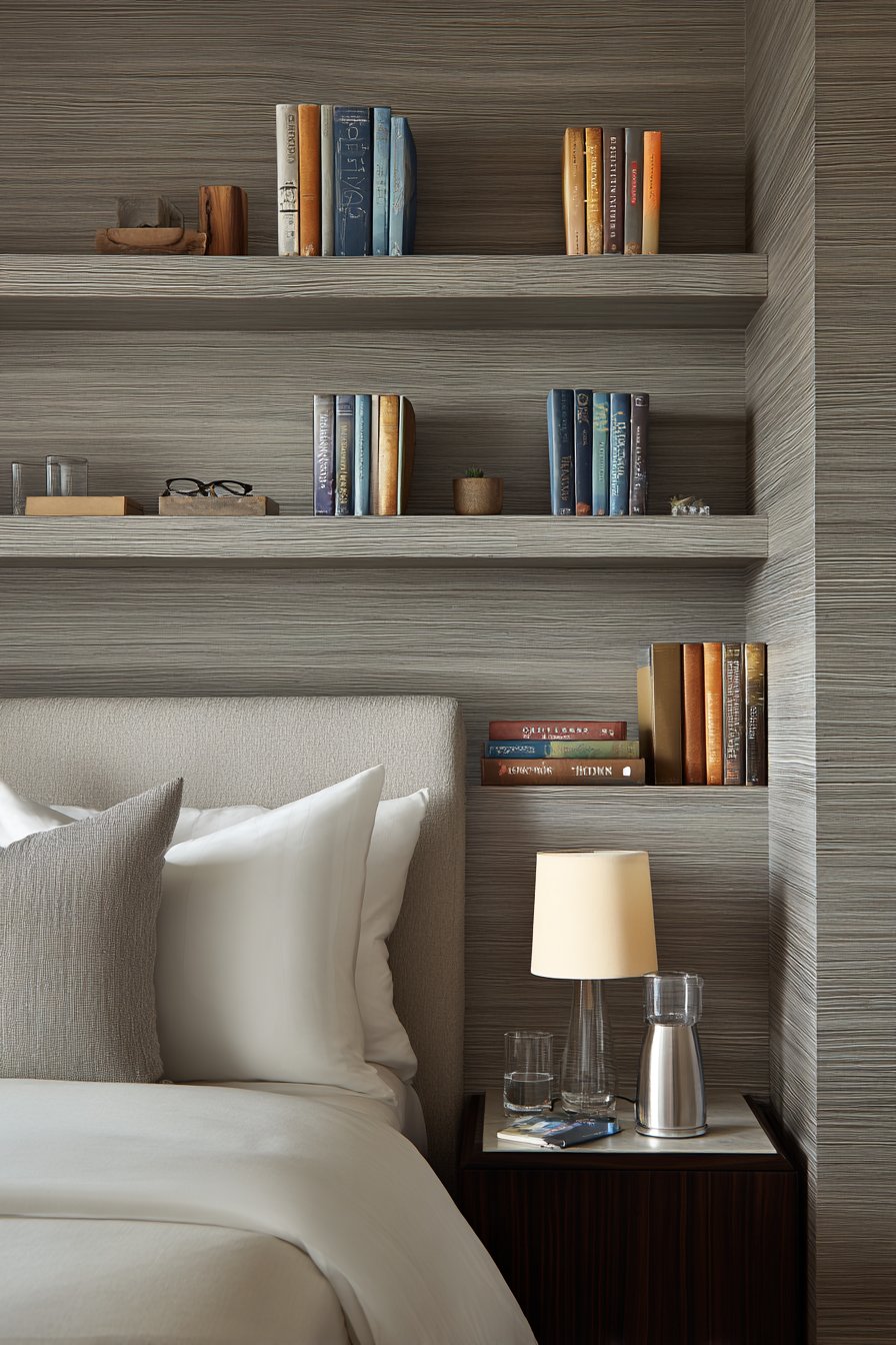Transitional Comfort with Grey-Washed Oak Floating Shelves