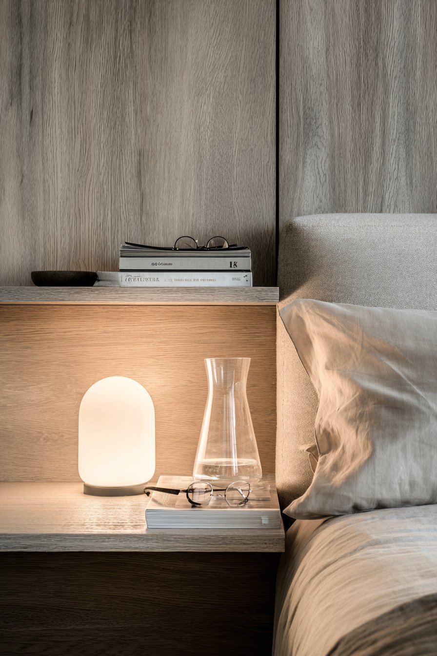 Transitional Comfort with Grey-Washed Oak Floating Shelves