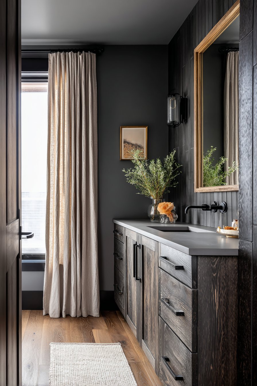 Warm Grey Bathroom with Natural Wood Accents