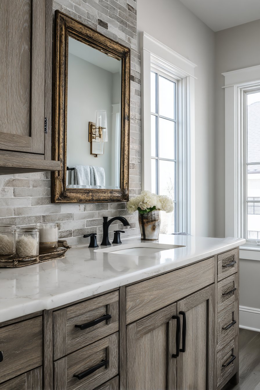 Warm Grey Bathroom with Natural Wood Accents