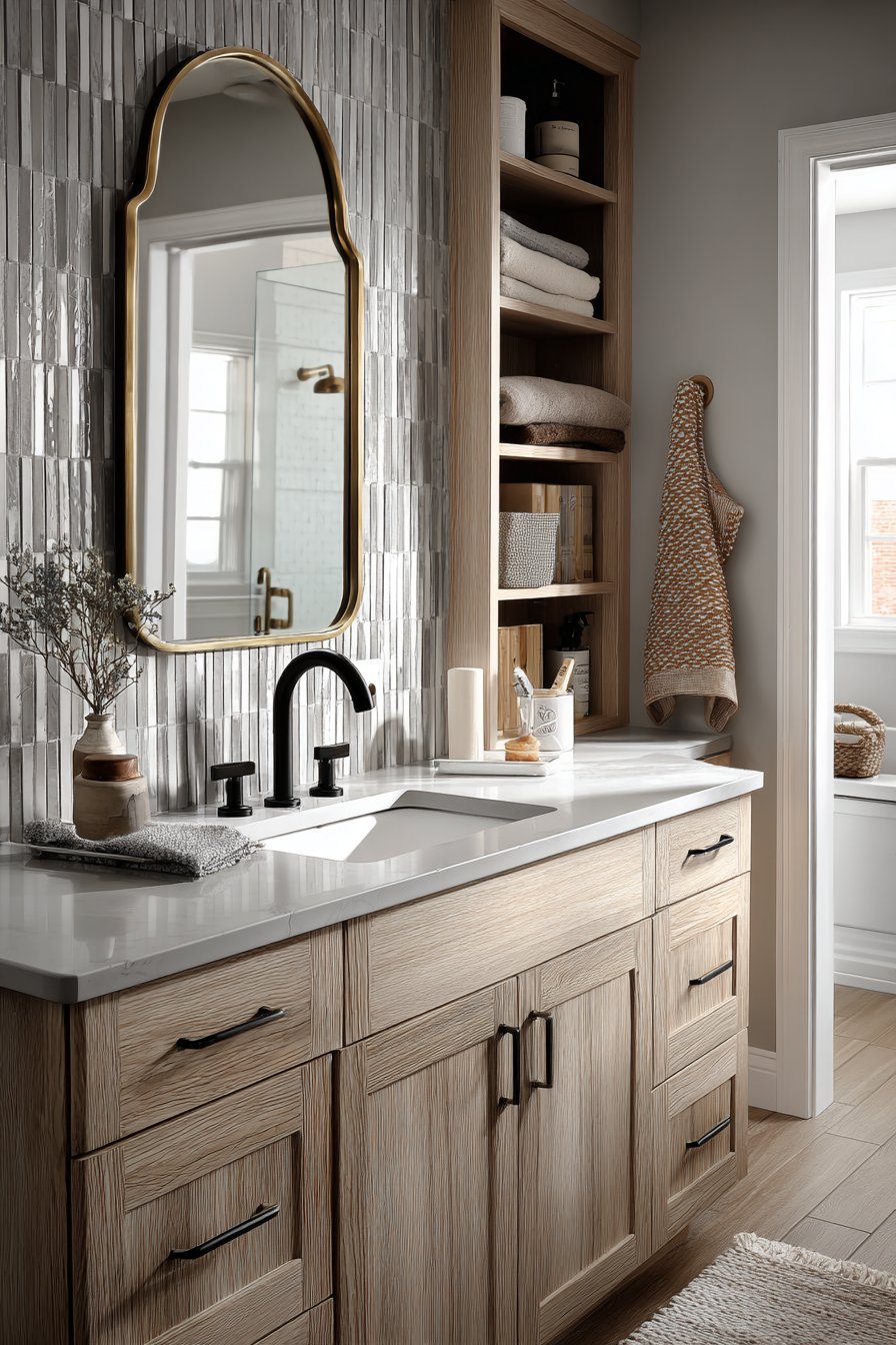 Warm Grey Bathroom with Natural Wood Accents