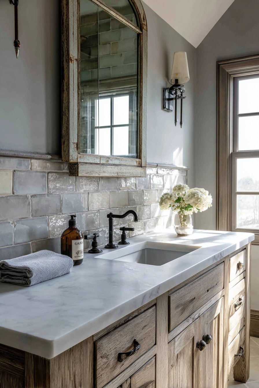 Warm Grey Bathroom with Natural Wood Accents