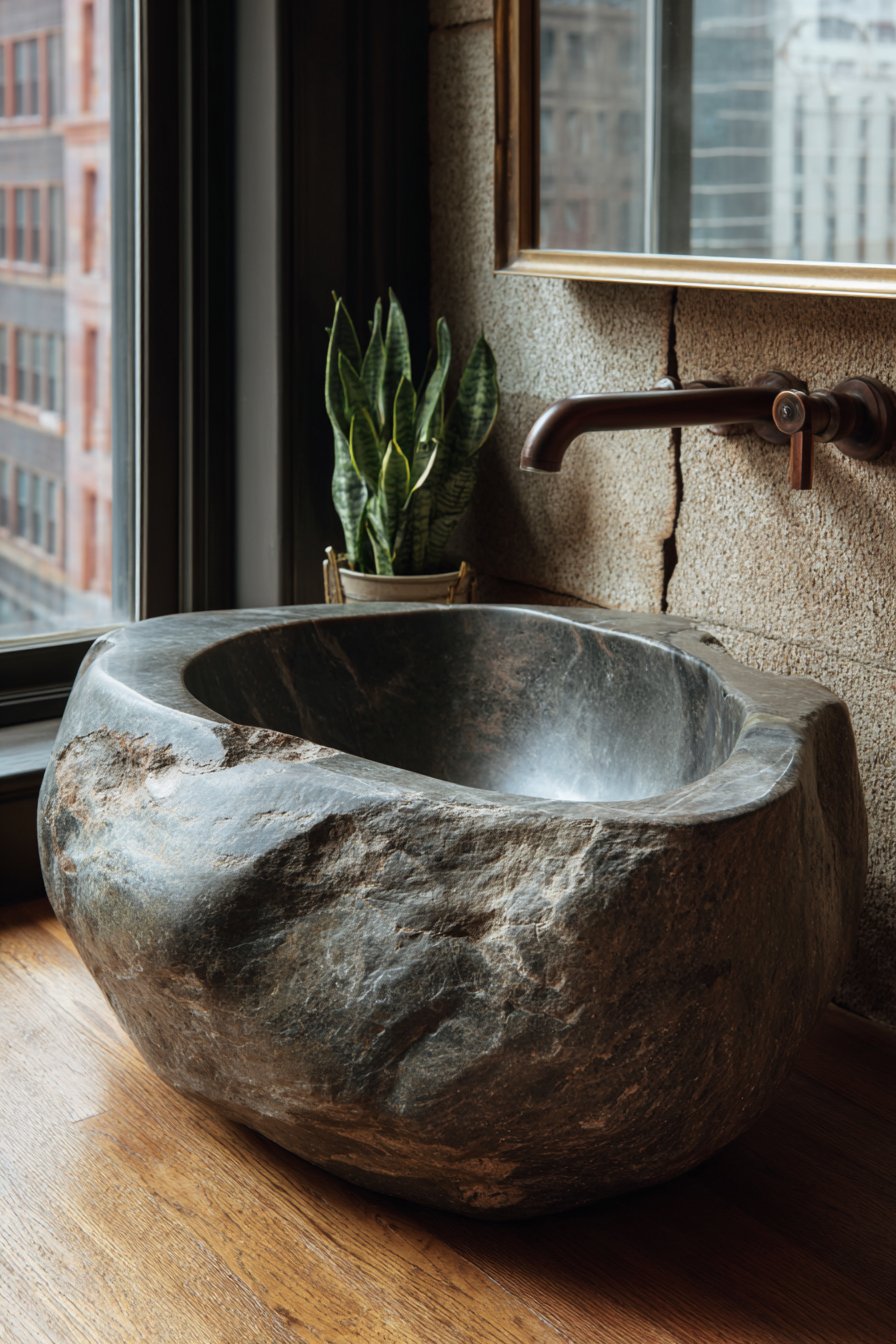 River Stone Vessel Sink with Three-Dimensional Cork Tiles