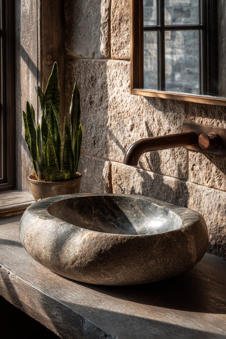 River Stone Vessel Sink with Three-Dimensional Cork Tiles