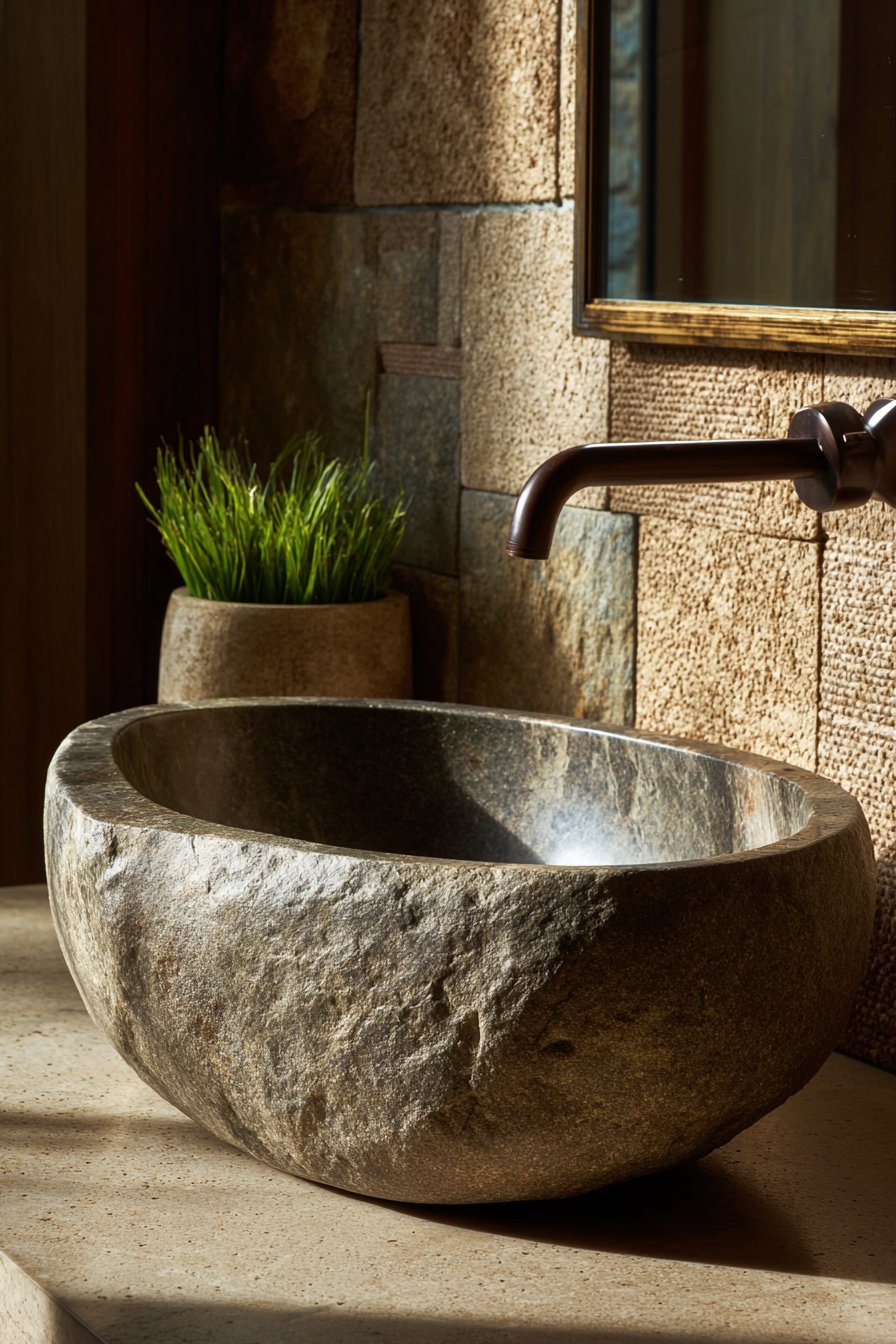 River Stone Vessel Sink with Three-Dimensional Cork Tiles