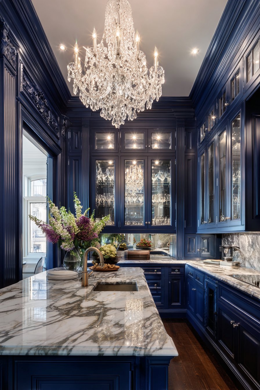 Luxurious Custom Kitchen with Detailed Navy Blue Kitchen Cabinets