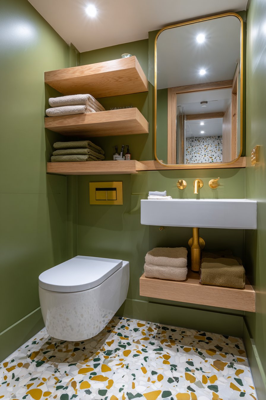 Compact Bathroom with Statement Olive Green Terrazzo Floor