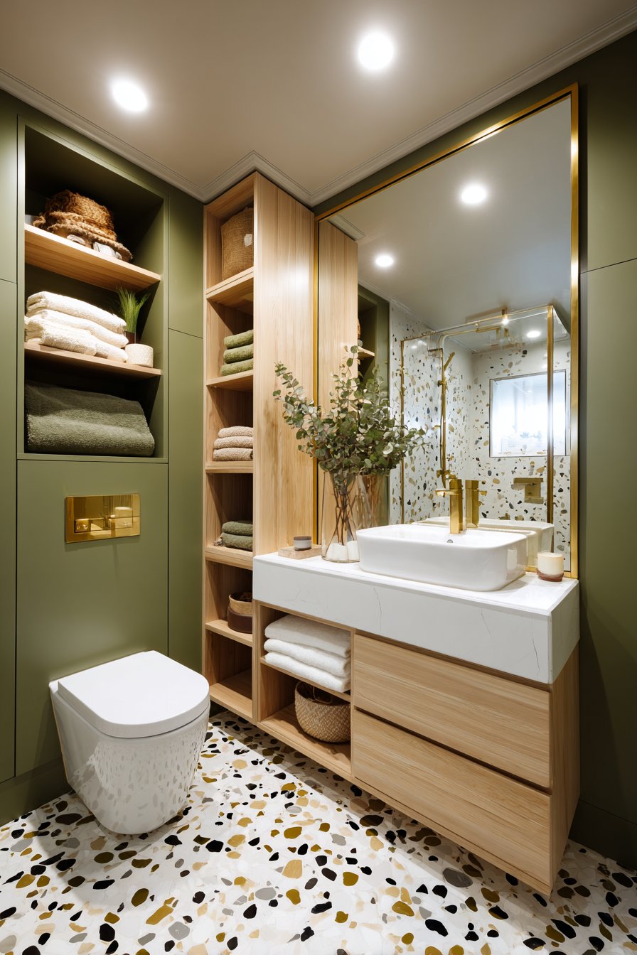Compact Bathroom with Statement Olive Green Terrazzo Floor