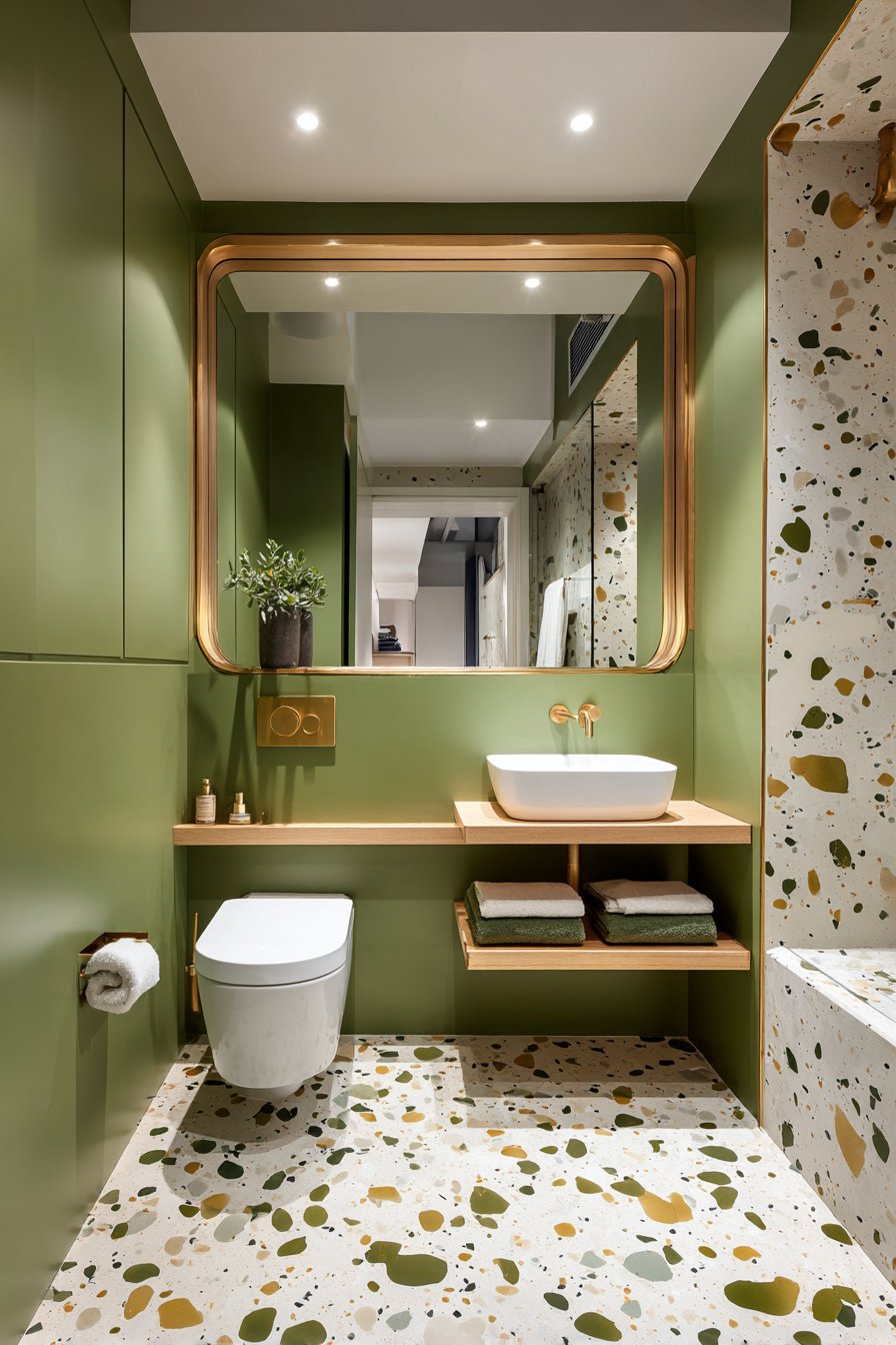 Compact Bathroom with Statement Olive Green Terrazzo Floor