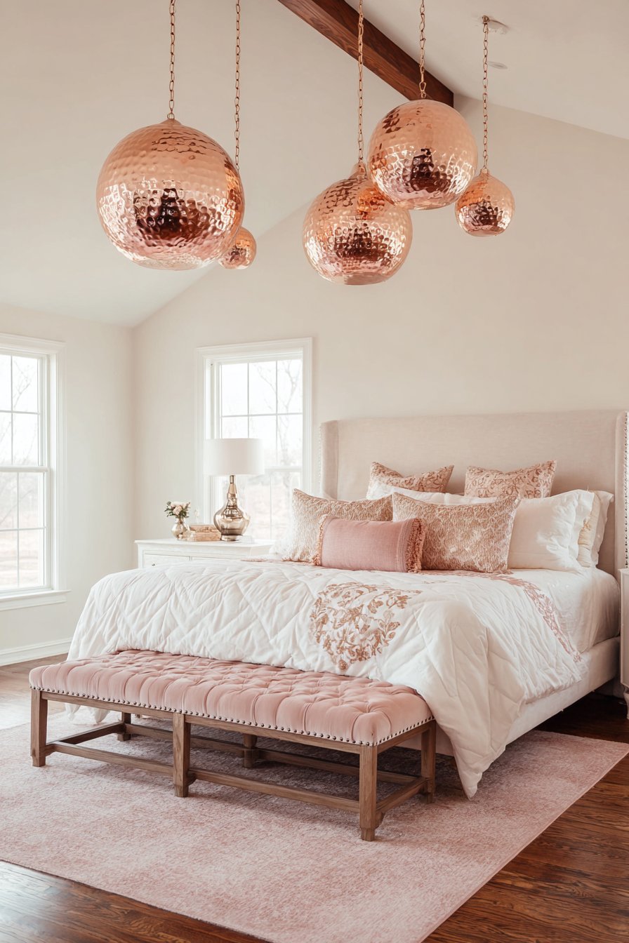 Dramatic Ceiling Lighting with Suspended Rose Gold Pendants