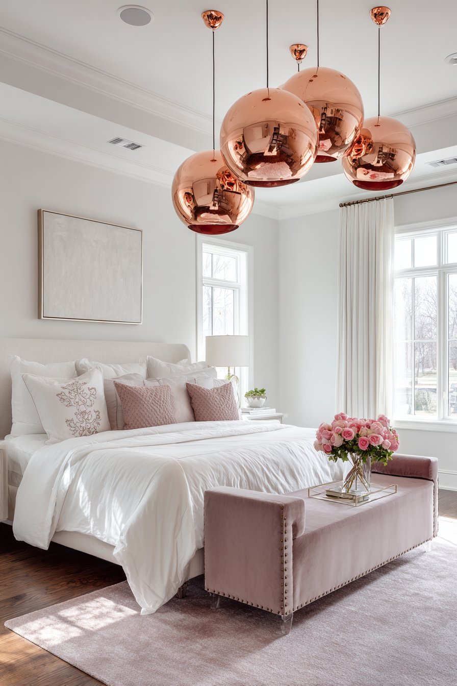 Dramatic Ceiling Lighting with Suspended Rose Gold Pendants