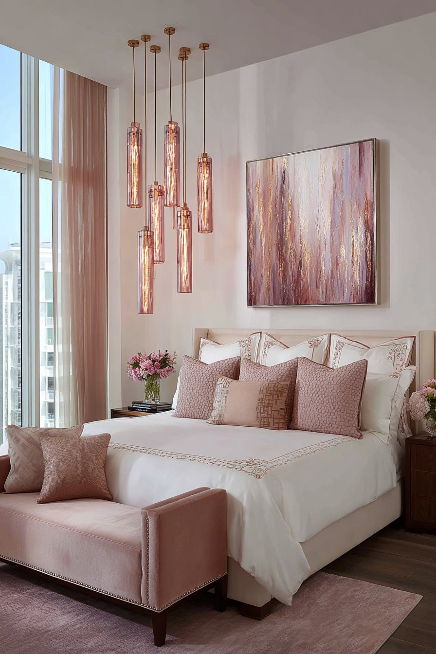 Dramatic Ceiling Lighting with Suspended Rose Gold Pendants