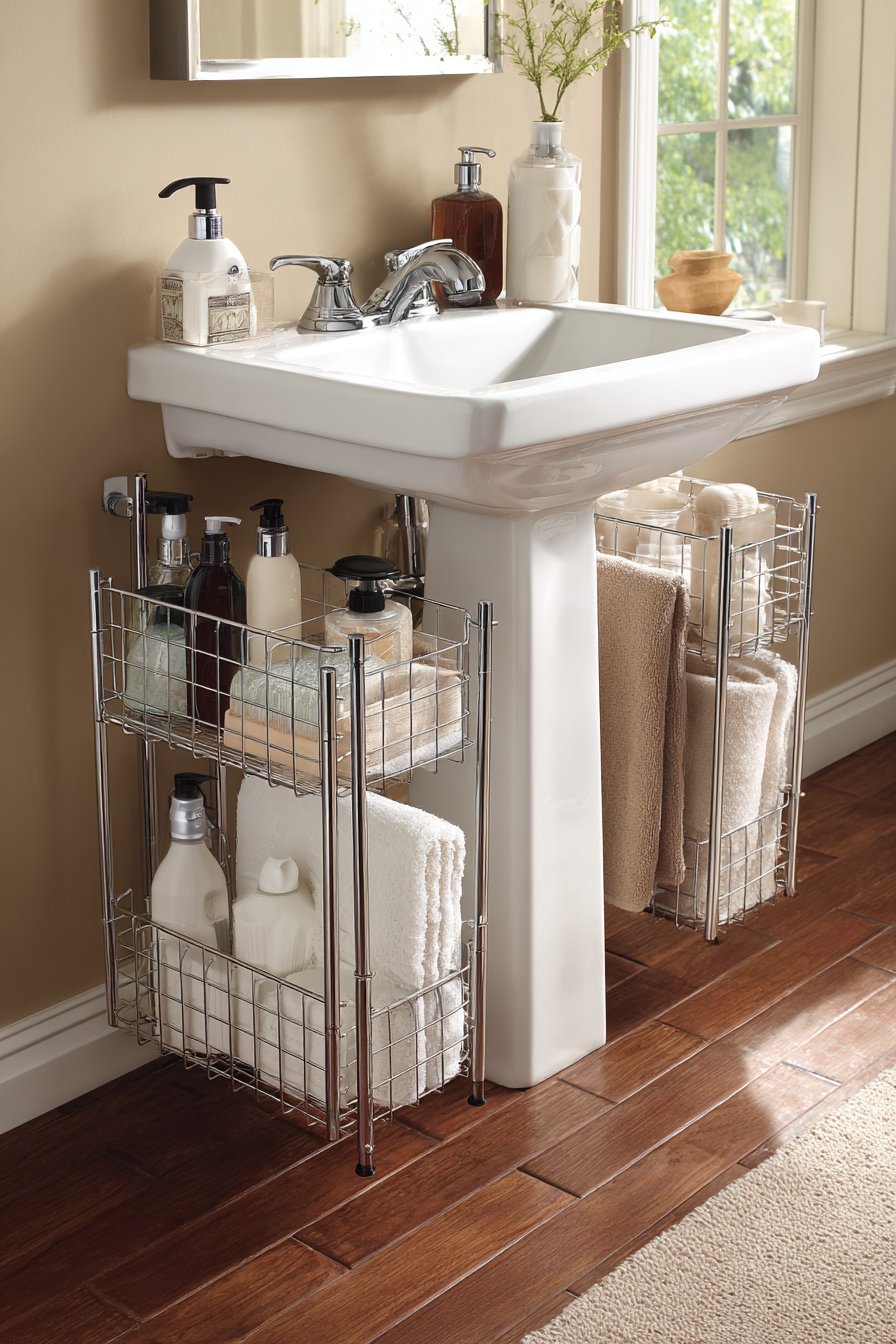 Pull-Out Organizers Beneath Pedestal Sinks