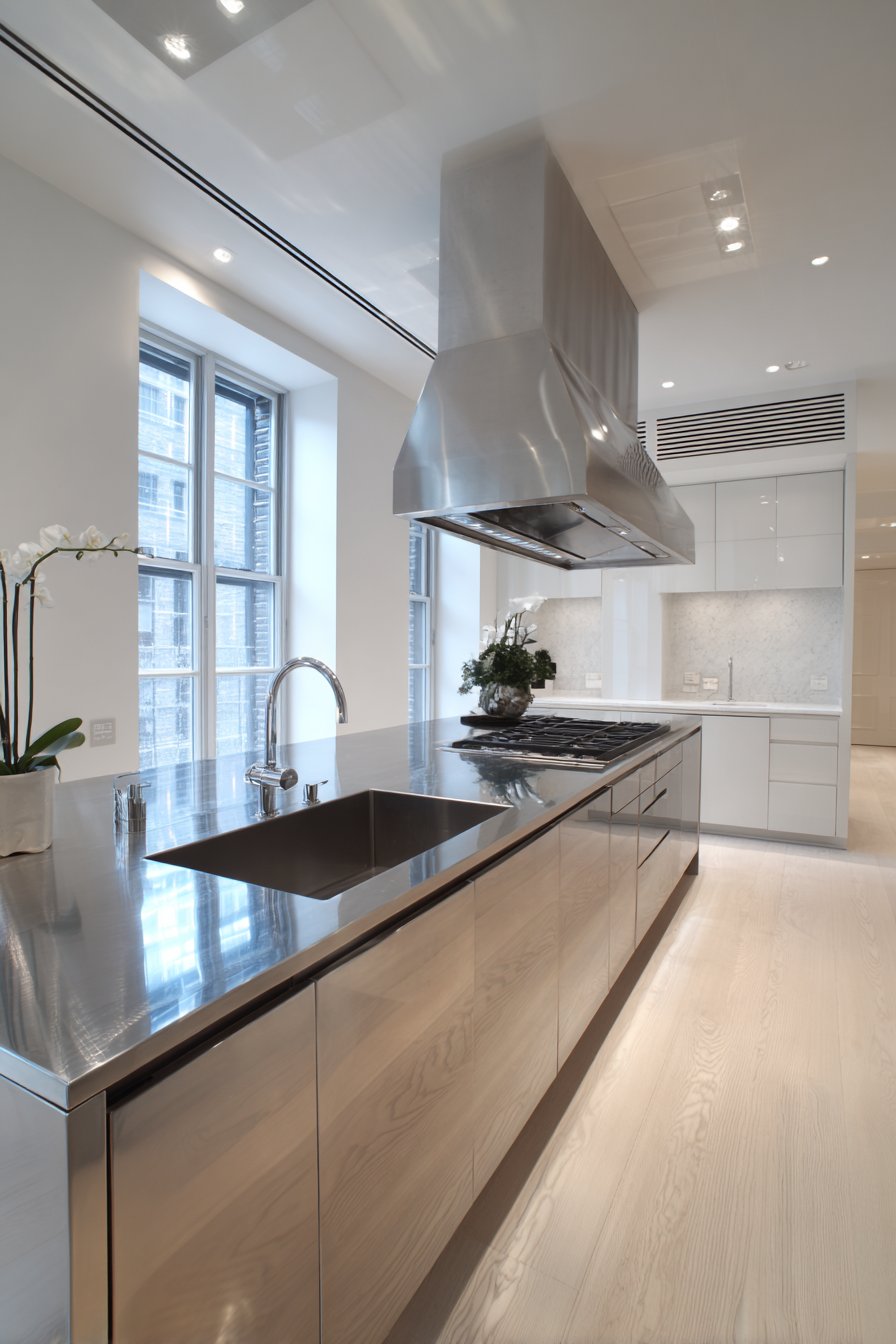 Minimalist Stainless Steel Kitchen with Seamless Surfaces