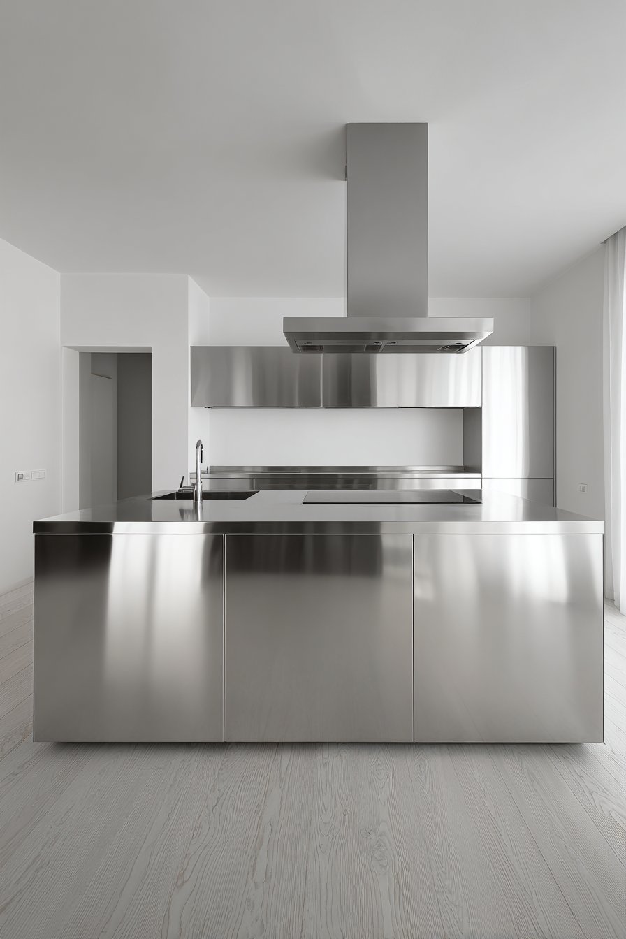 Minimalist Stainless Steel Kitchen with Seamless Surfaces
