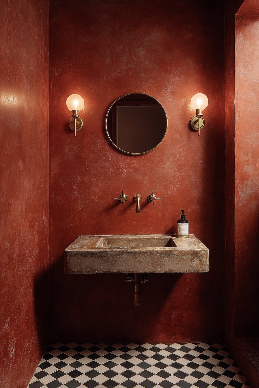 Artisanal Powder Room with Venetian Plaster Accent Wall