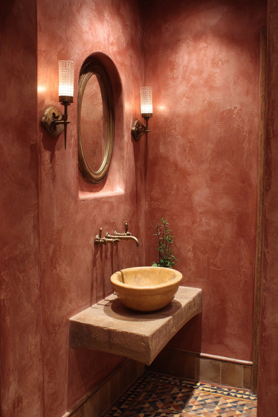 Artisanal Powder Room with Venetian Plaster Accent Wall