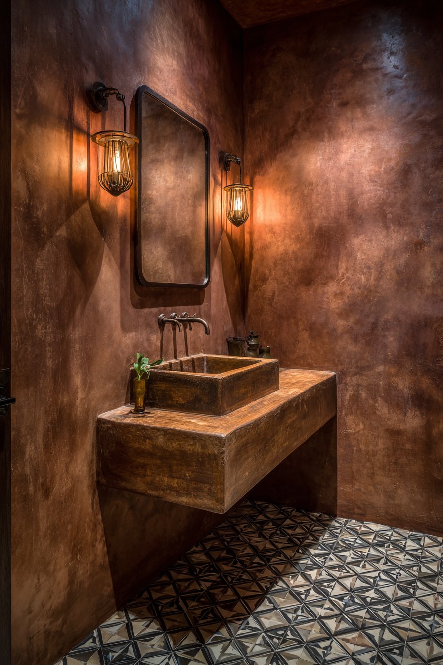 Artisanal Powder Room with Venetian Plaster Accent Wall
