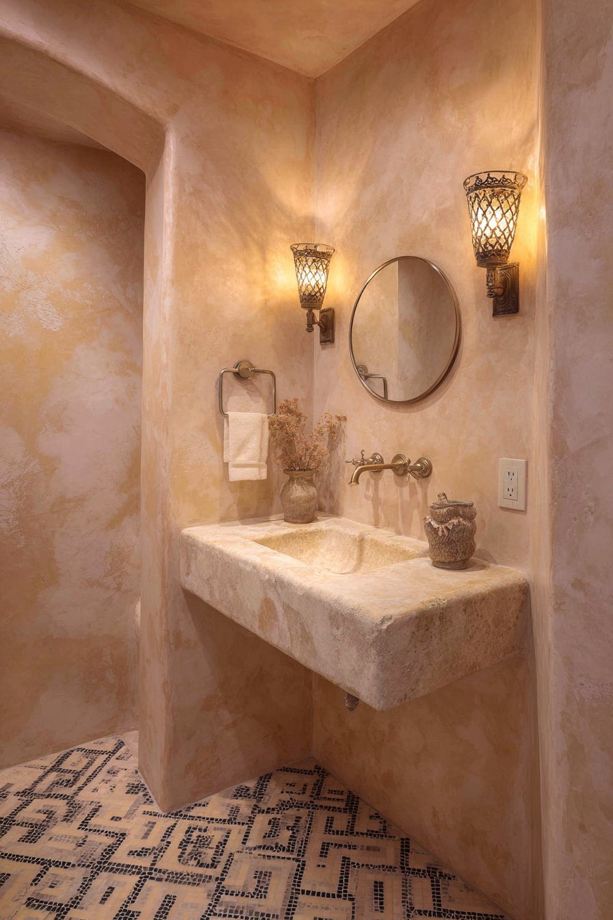 Artisanal Powder Room with Venetian Plaster Accent Wall