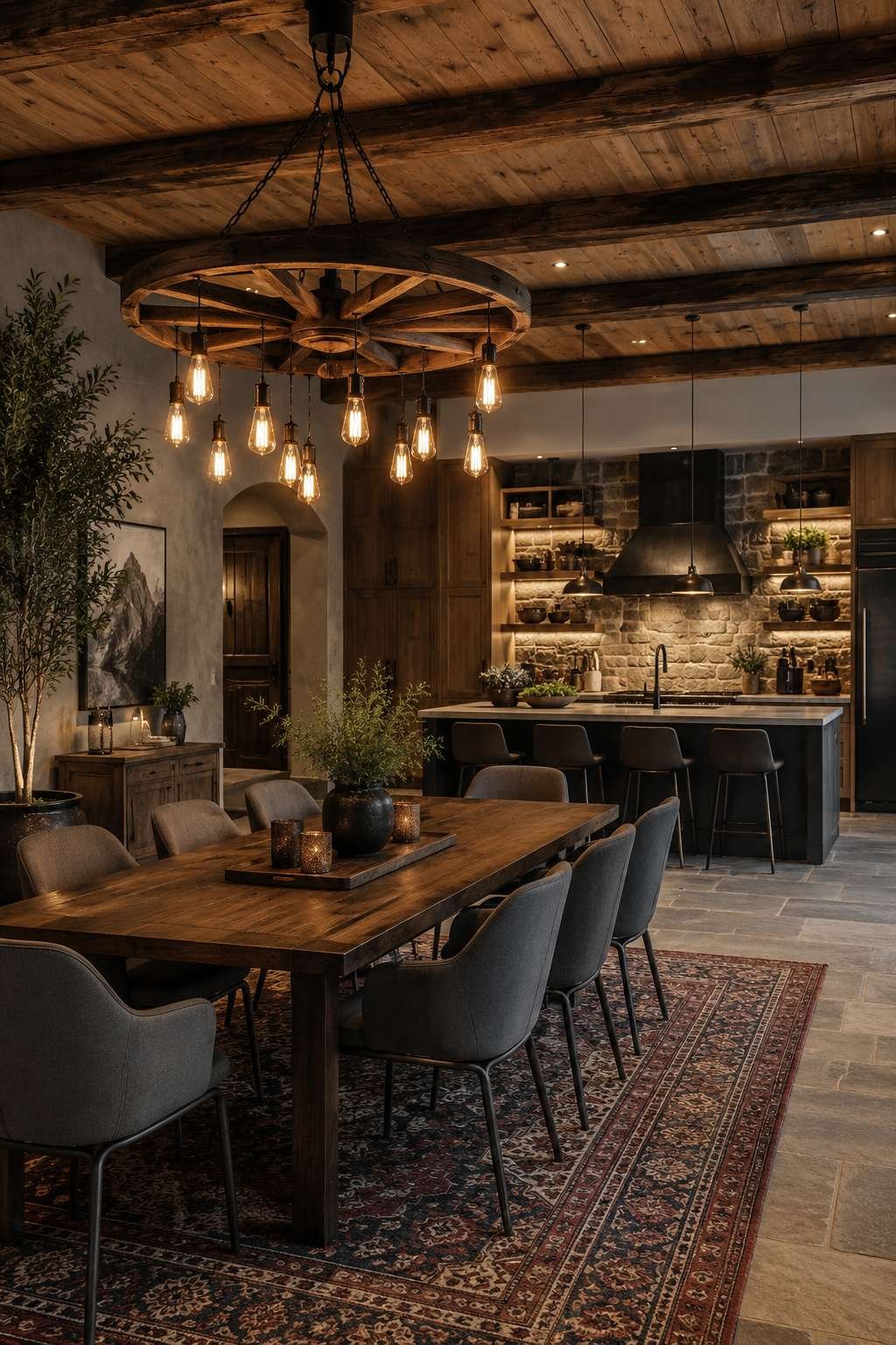 Mountain Cabin Kitchen: Vertical Planks and Live-Edge Shelves