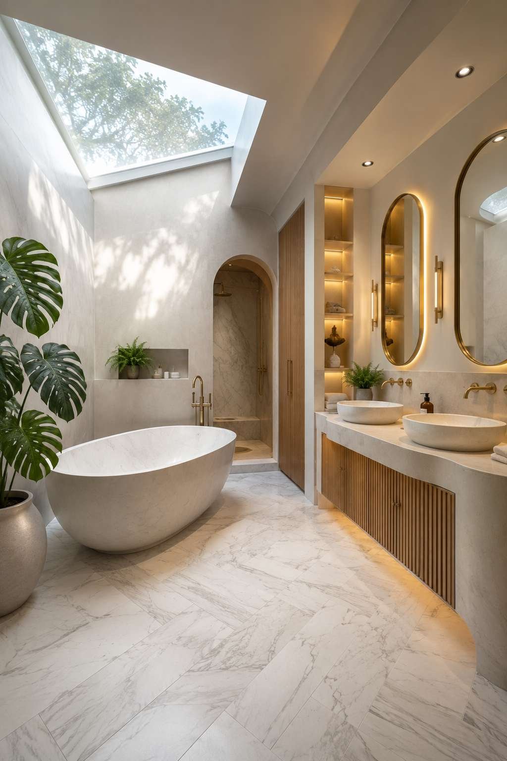 Skylit Luxury: A Sculptural Freestanding Bathtub Beneath Natural Light