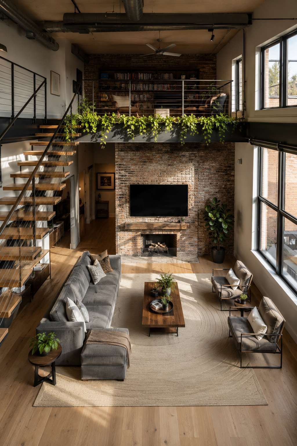 Mezzanine Magic: The Multi-Level Loft Living Room