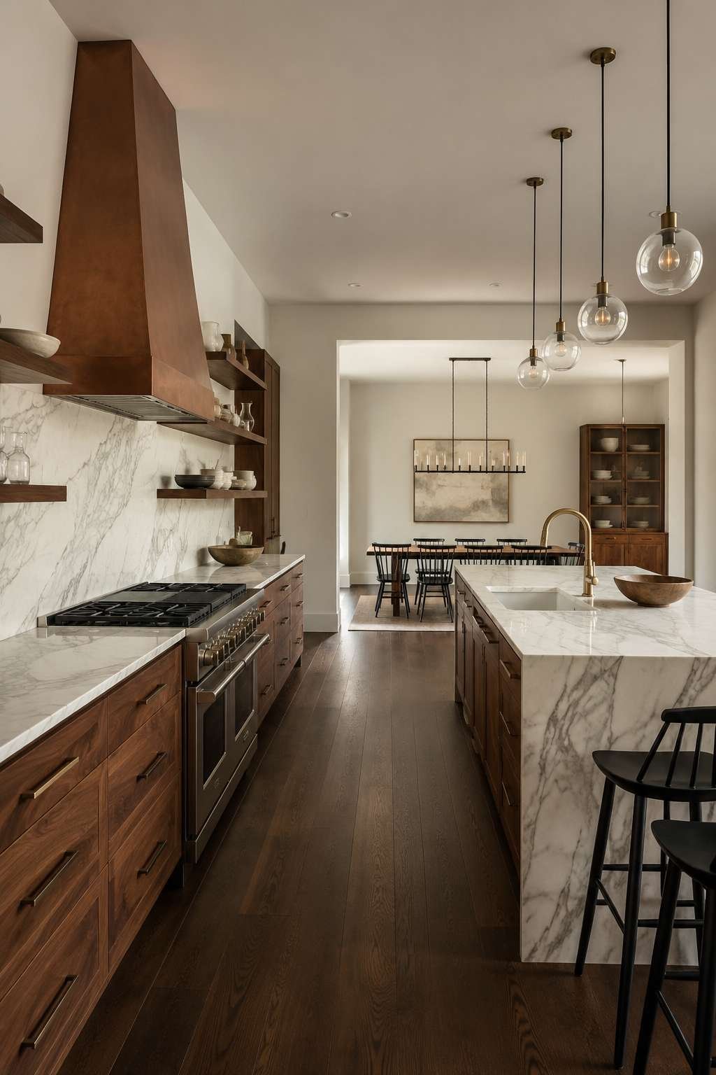 Walnut Wood and Marble Open Kitchen With Warm Materiality