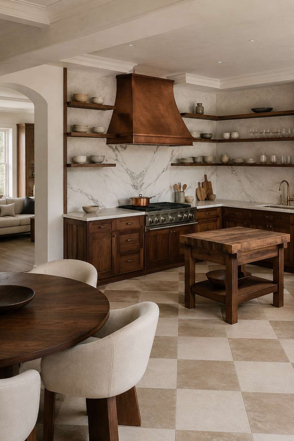 Walnut Wood and Marble Open Kitchen With Warm Materiality