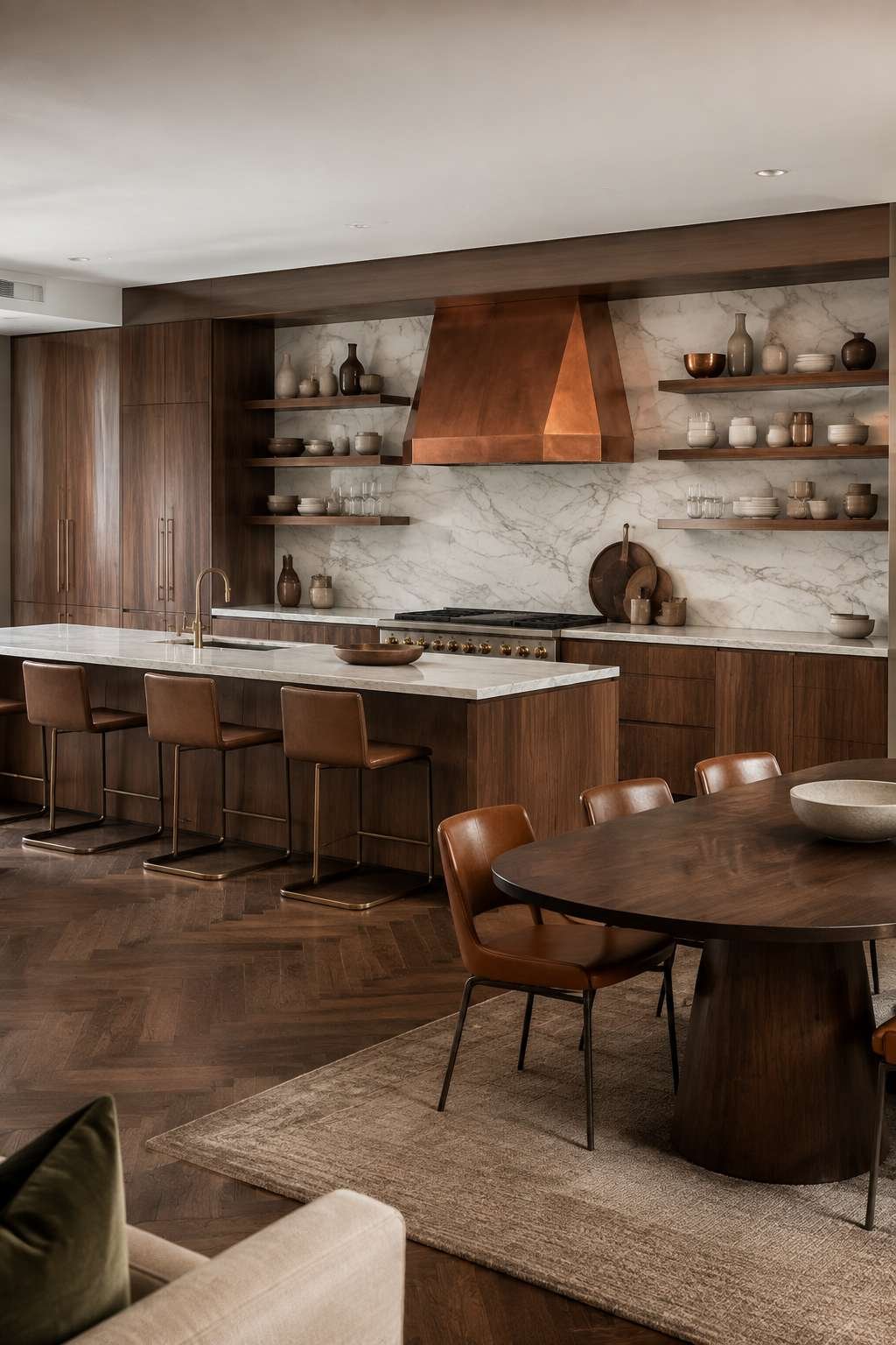Walnut Wood and Marble Open Kitchen With Warm Materiality