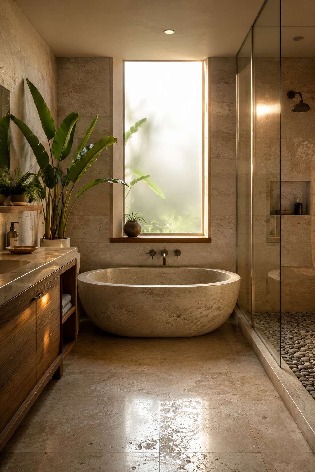 Earth and Stone: A Nature-Inspired Ensuite with Travertine and Living Plants