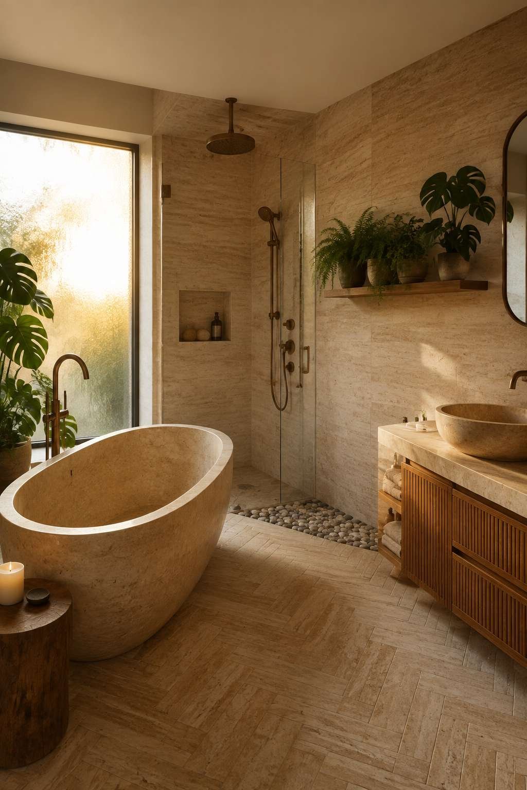 Earth and Stone: A Nature-Inspired Ensuite with Travertine and Living Plants