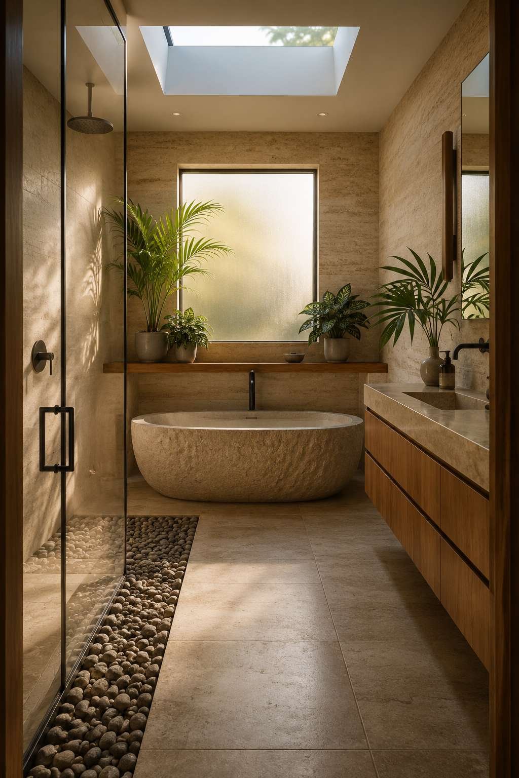 Earth and Stone: A Nature-Inspired Ensuite with Travertine and Living Plants