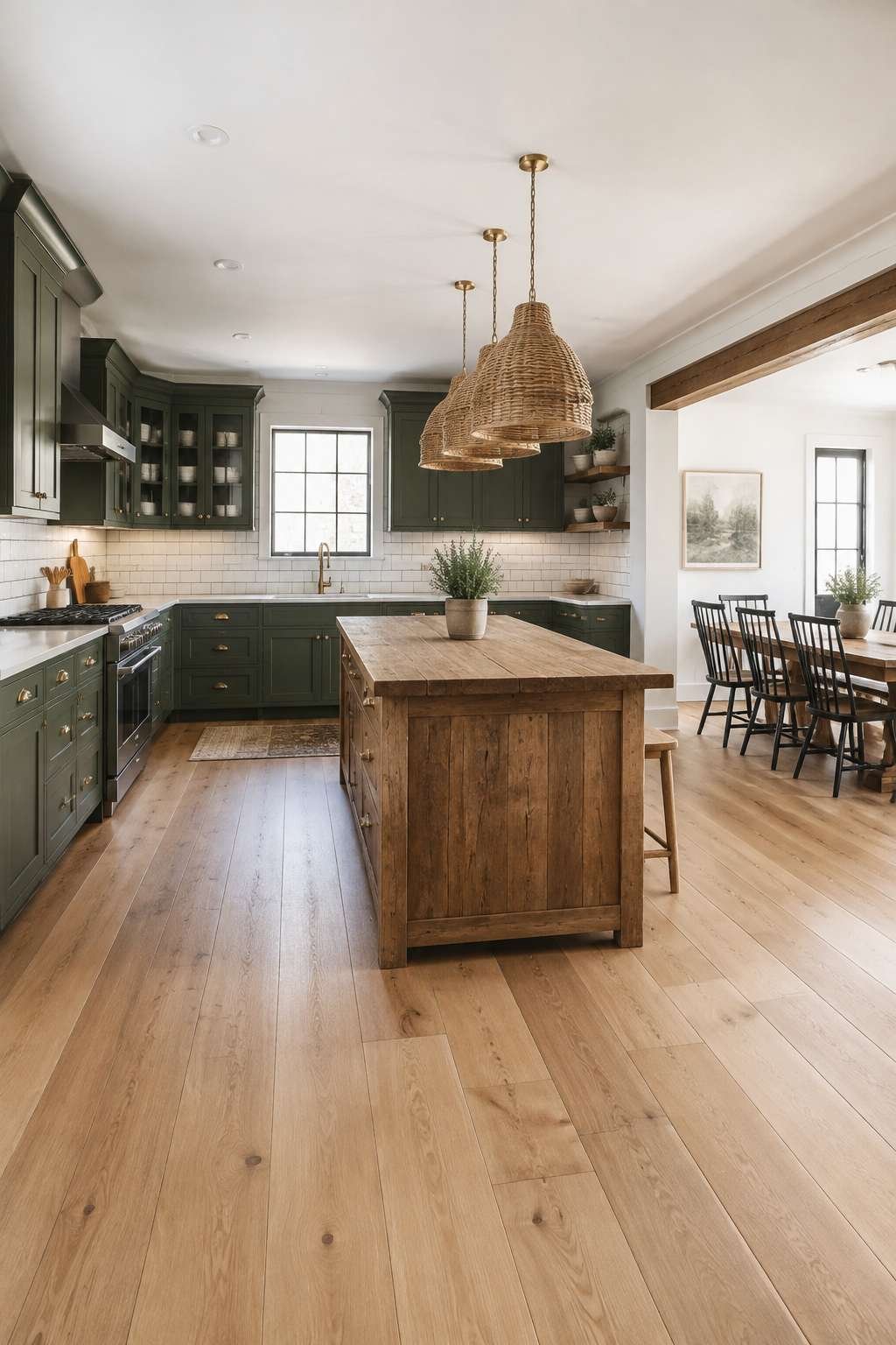 Modern Farmhouse Open Kitchen in Sage Green With Reclaimed Wood