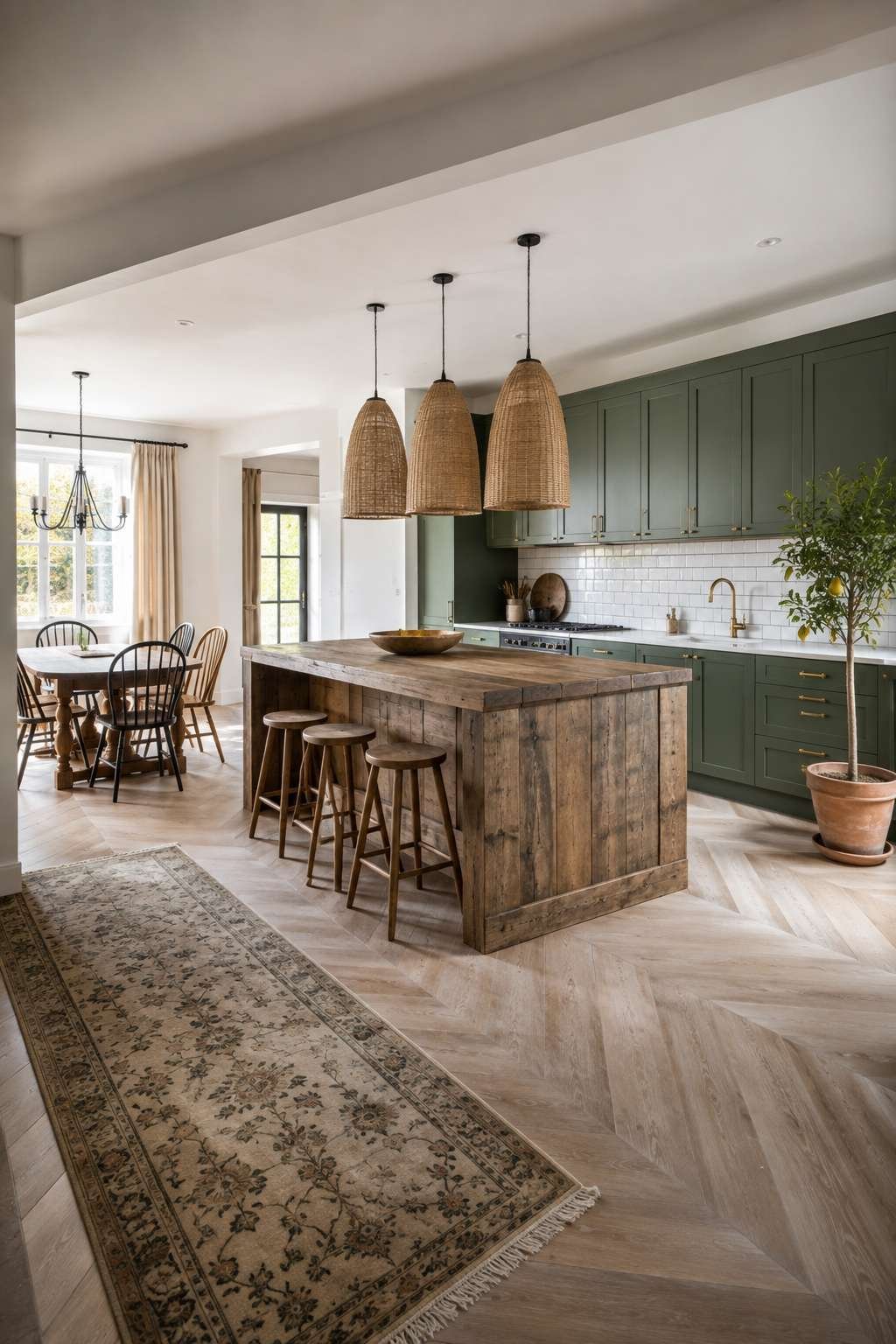 Modern Farmhouse Open Kitchen in Sage Green With Reclaimed Wood