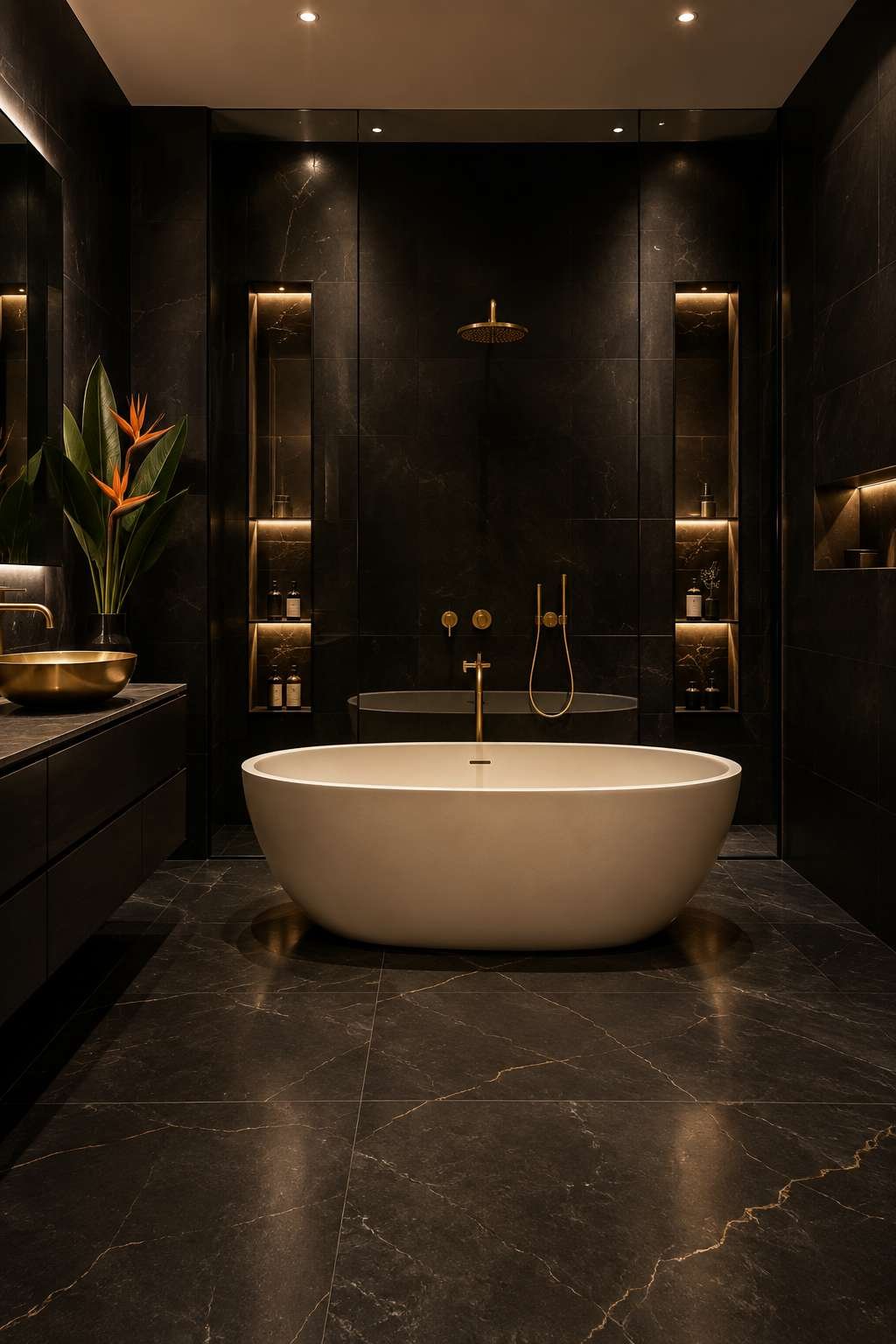 Dark Drama: Matte Black Tiling and Brushed Gold in High Contrast