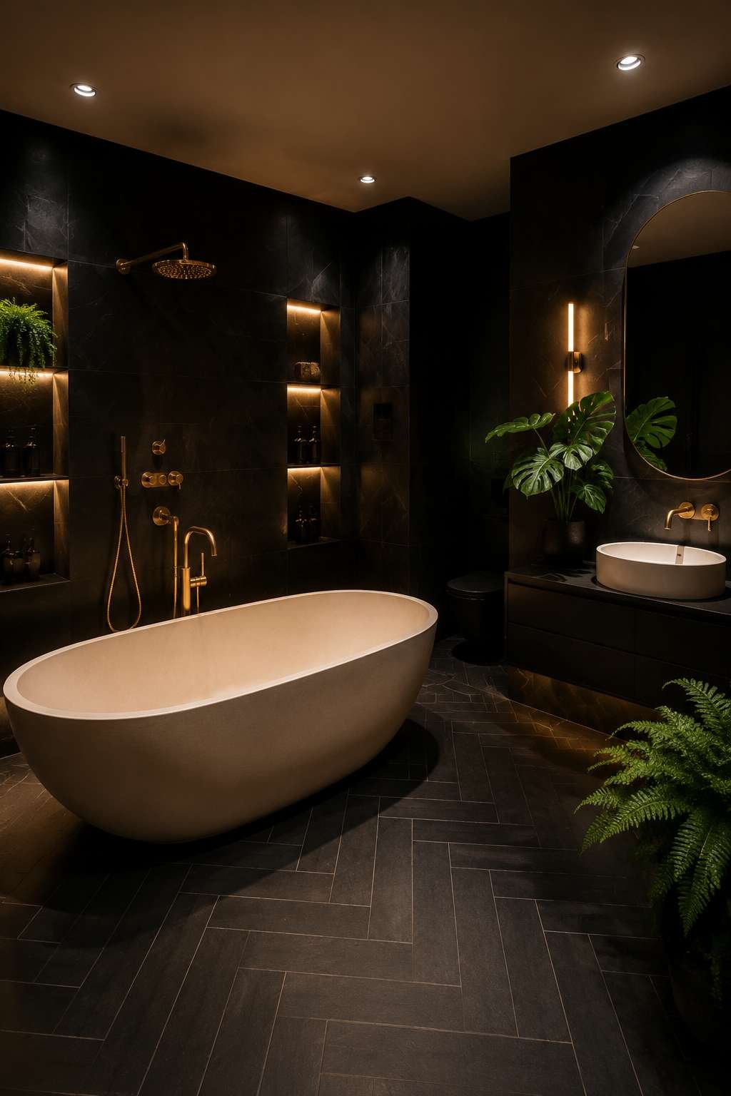 Dark Drama: Matte Black Tiling and Brushed Gold in High Contrast