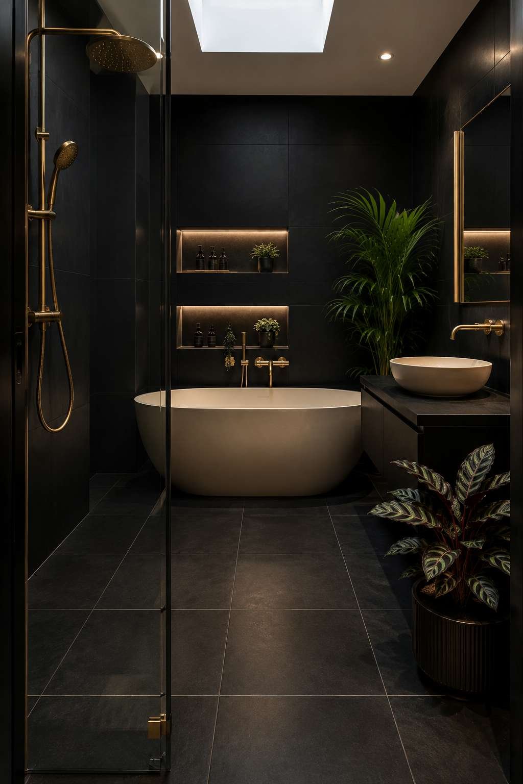 Dark Drama: Matte Black Tiling and Brushed Gold in High Contrast