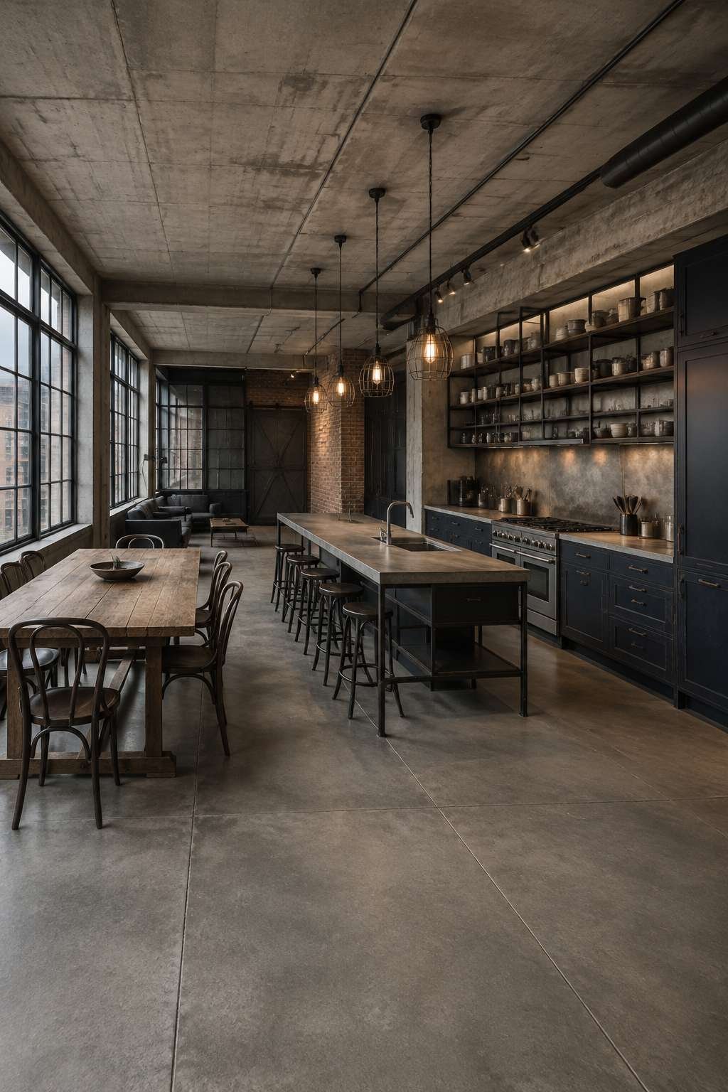 Industrial Loft Open Kitchen With Dark Navy and Concrete