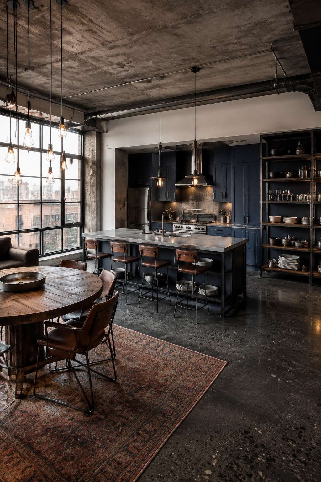 Industrial Loft Open Kitchen With Dark Navy and Concrete