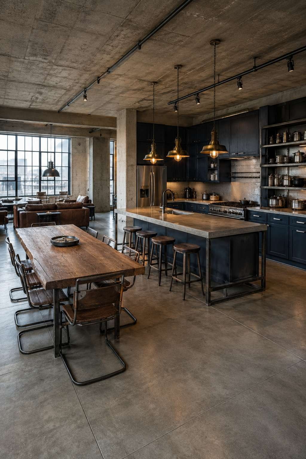 Industrial Loft Open Kitchen With Dark Navy and Concrete