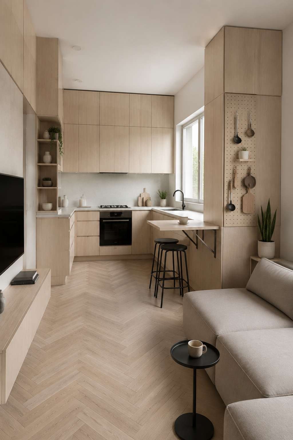 Compact Apartment Open Kitchen With Intelligent Vertical Storage