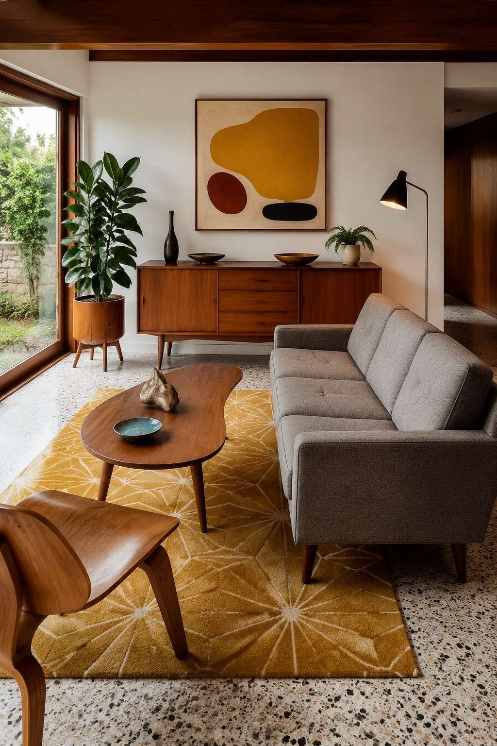 Mid-Century Modern Warmth: Walnut, Wool, and Timeless Proportion