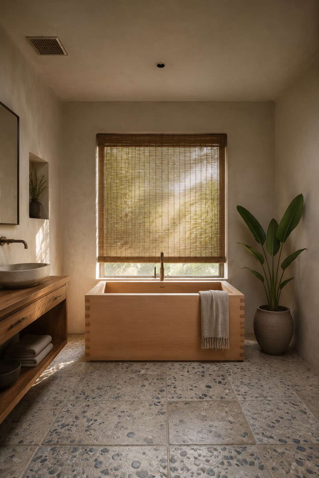 Wabi-Sabi Serenity: Japandi Ensuite with Hinoki Wood and Lime Plaster